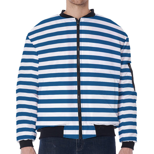 Blue And White Striped Pattern Print Zip Sleeve Bomber Jacket