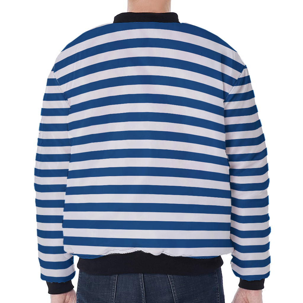 Blue And White Striped Pattern Print Zip Sleeve Bomber Jacket