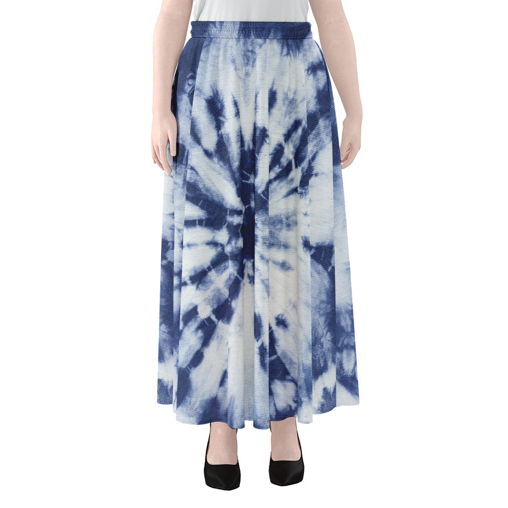 Blue And White Tie Dye Print Chiffon Maxi Skirt