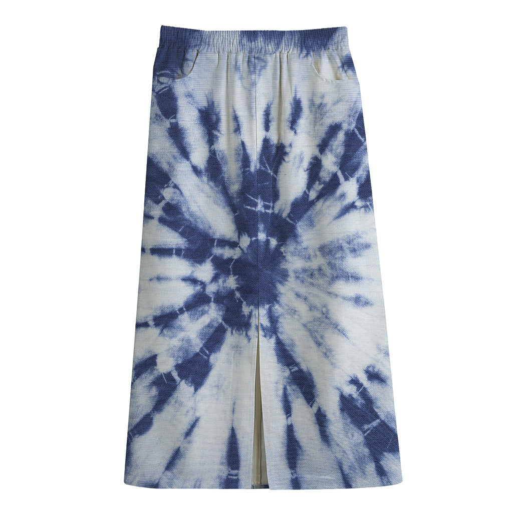 Blue And White Tie Dye Print Cotton Front Slit Maxi Skirt