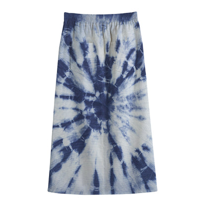 Blue And White Tie Dye Print Cotton Front Slit Maxi Skirt