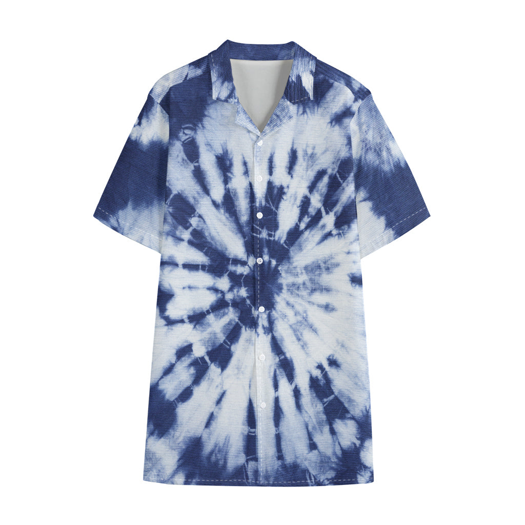Blue And White Tie Dye Print Cotton Hawaiian Shirt