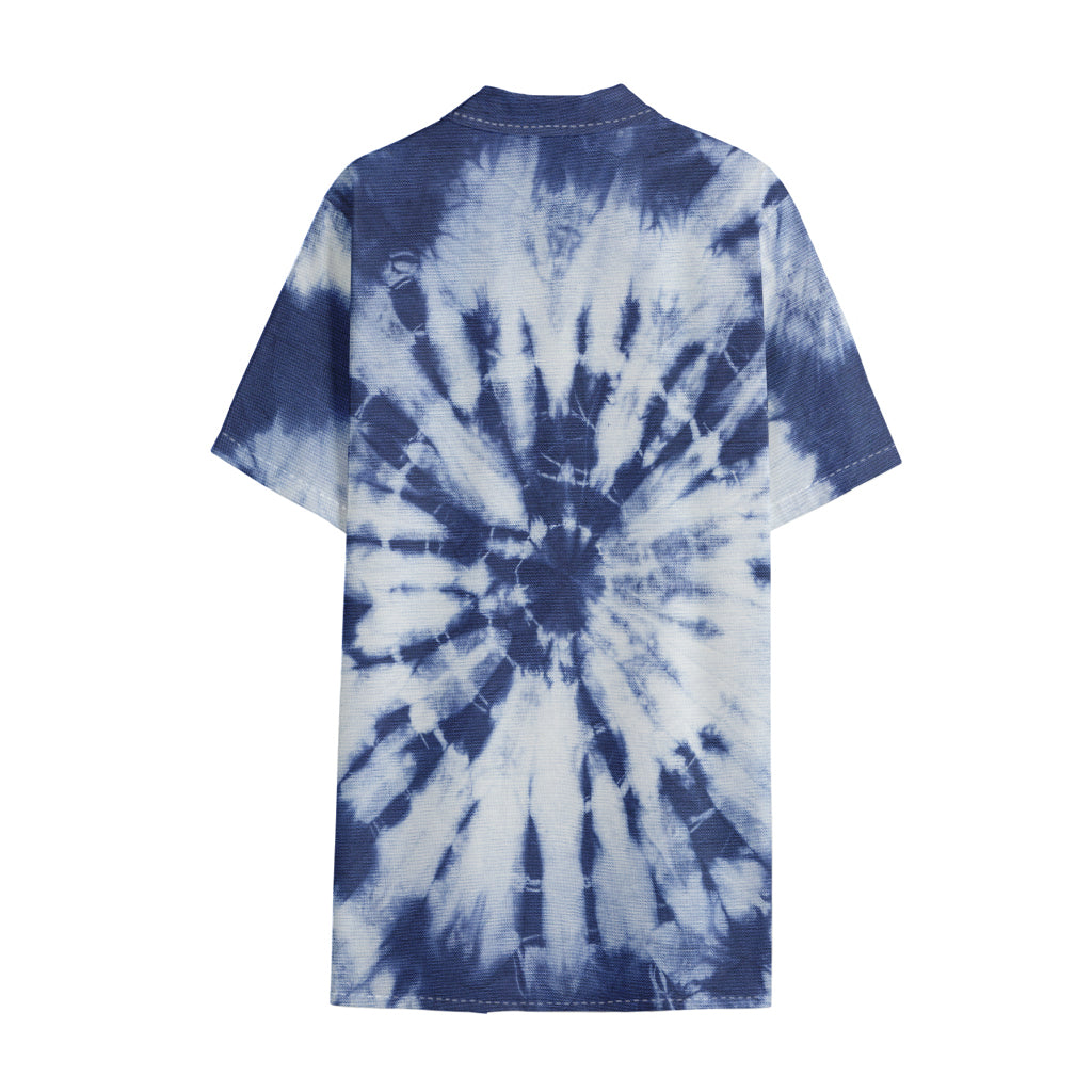 Blue And White Tie Dye Print Cotton Hawaiian Shirt