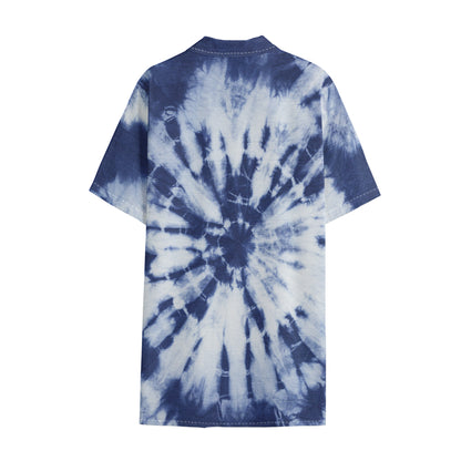 Blue And White Tie Dye Print Cotton Hawaiian Shirt