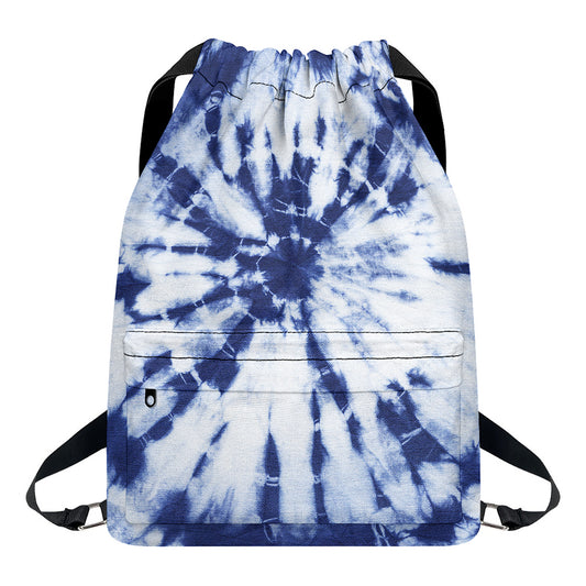 Blue And White Tie Dye Print Drawstring Backpack
