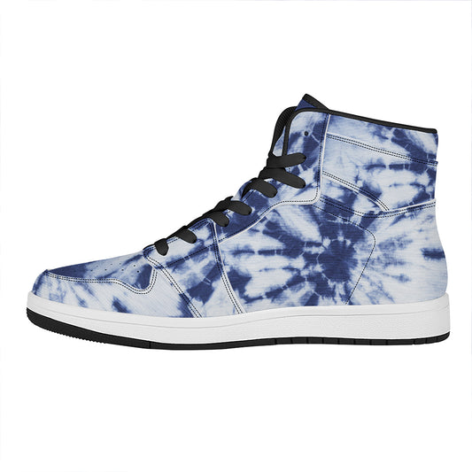 Blue And White Tie Dye Print High Top Leather Sneakers