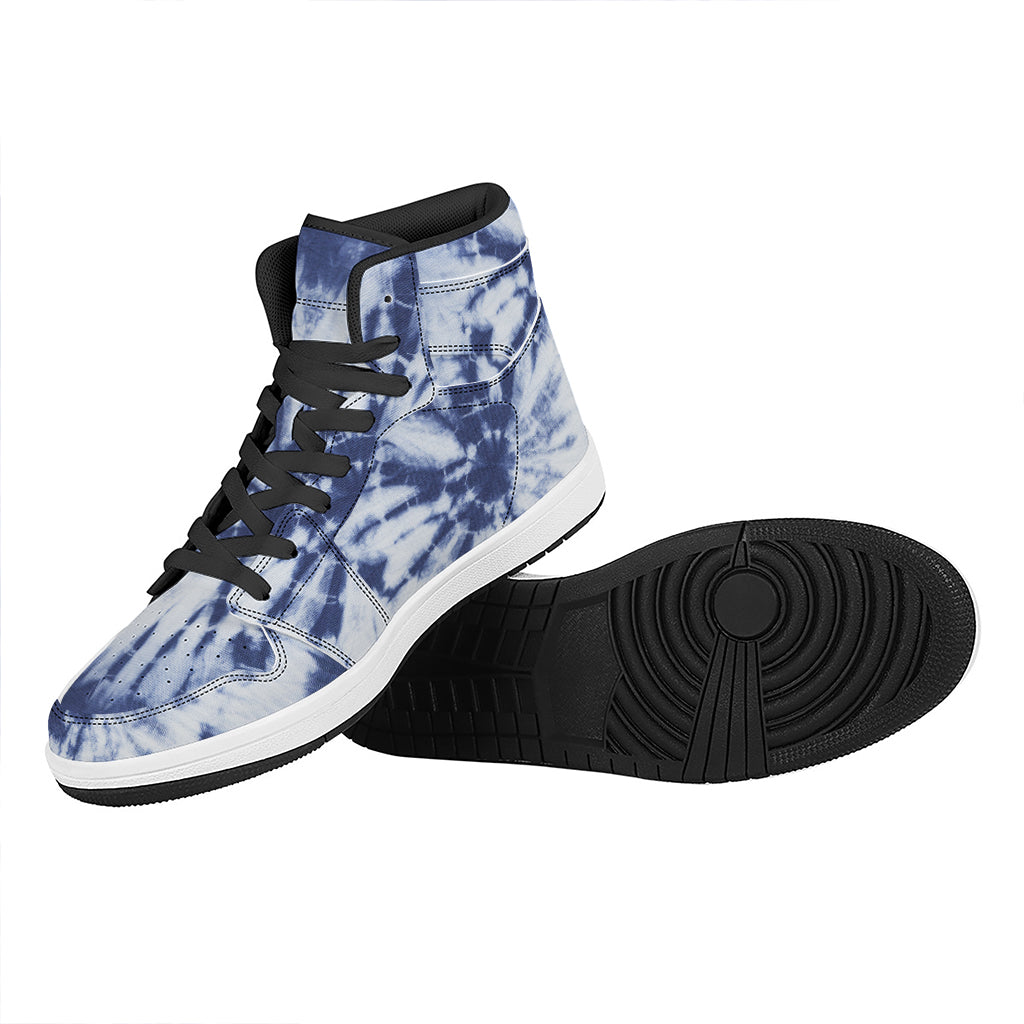 Blue And White Tie Dye Print High Top Leather Sneakers