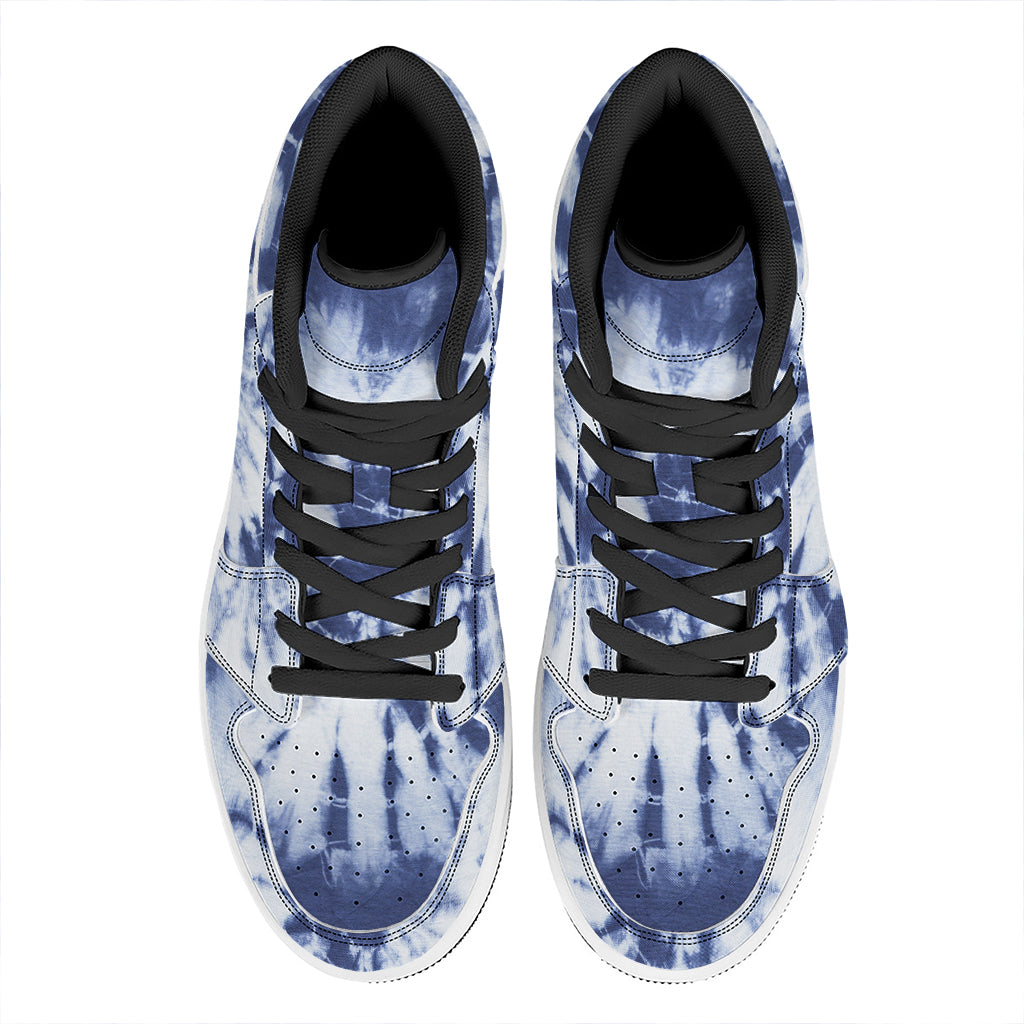 Blue And White Tie Dye Print High Top Leather Sneakers