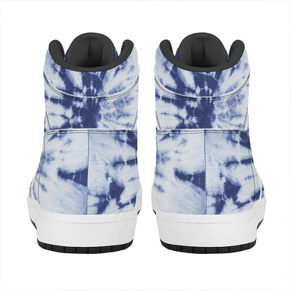 Blue And White Tie Dye Print High Top Leather Sneakers
