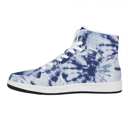 Blue And White Tie Dye Print High Top Leather Sneakers