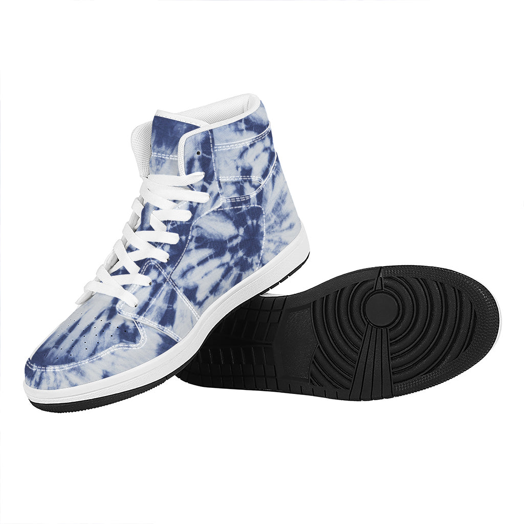 Blue And White Tie Dye Print High Top Leather Sneakers