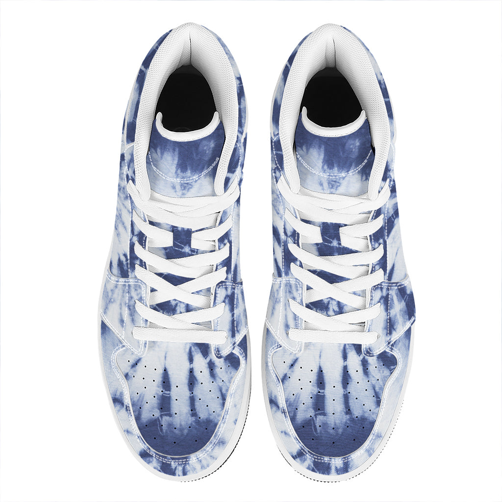 Blue And White Tie Dye Print High Top Leather Sneakers