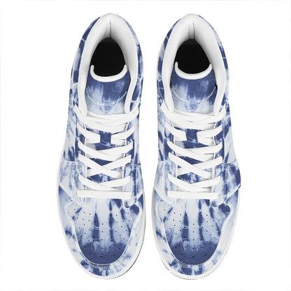 Blue And White Tie Dye Print High Top Leather Sneakers