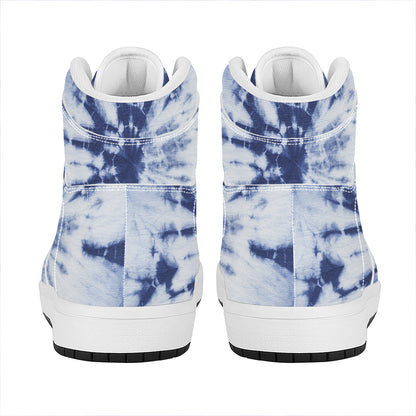 Blue And White Tie Dye Print High Top Leather Sneakers