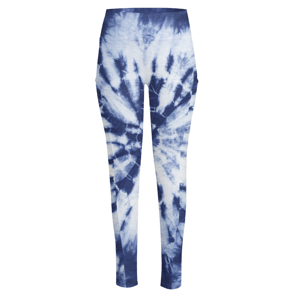 Blue And White Tie Dye Print High-Waisted Pocket Leggings