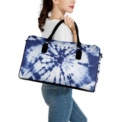 Blue And White Tie Dye Print Leather Duffle Bag
