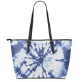 Blue And White Tie Dye Print Leather Tote Bag With Zipper