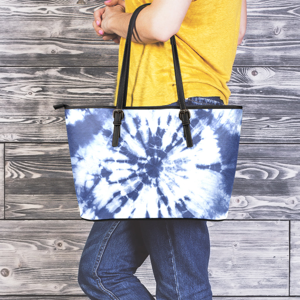 Blue And White Tie Dye Print Leather Tote Bag