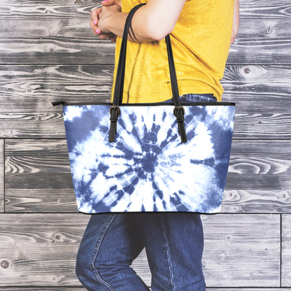 Blue And White Tie Dye Print Leather Tote Bag
