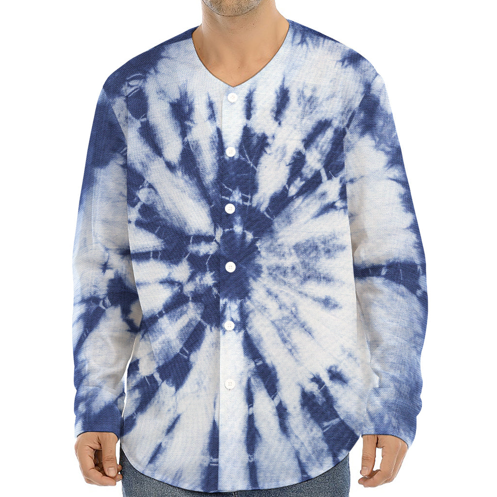 Blue And White Tie Dye Print Long Sleeve Baseball Jersey