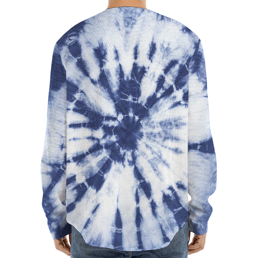 Blue And White Tie Dye Print Long Sleeve Baseball Jersey