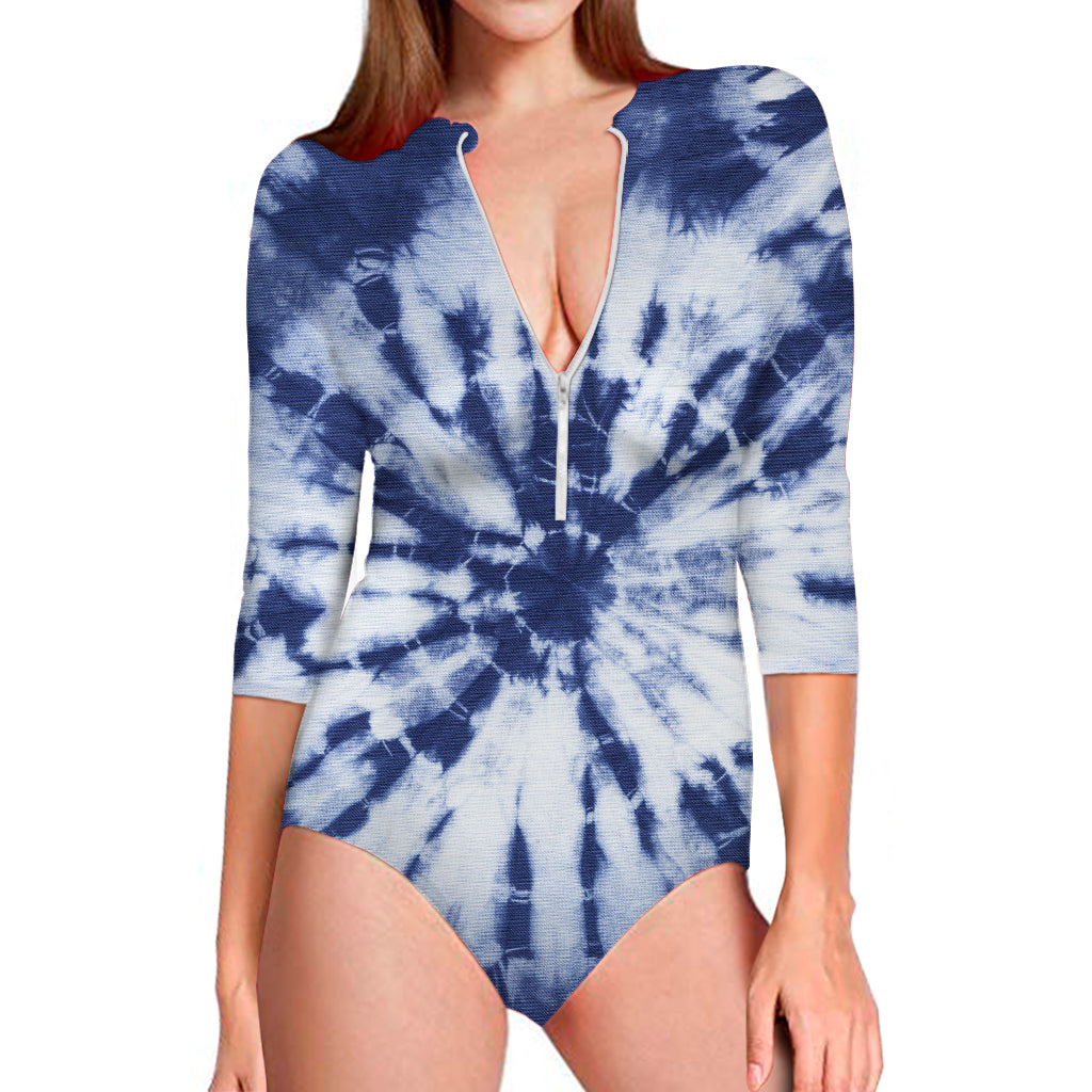 Blue And White Tie Dye Print Long Sleeve Swimsuit