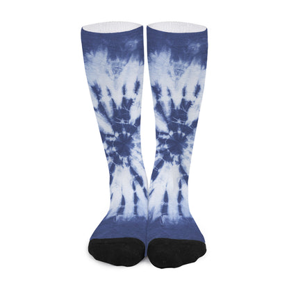 Blue And White Tie Dye Print Long Socks