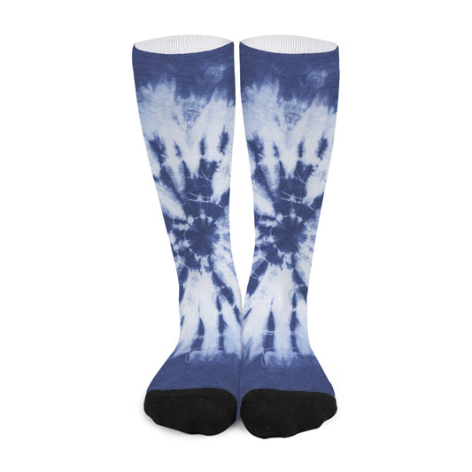 Blue And White Tie Dye Print Long Socks