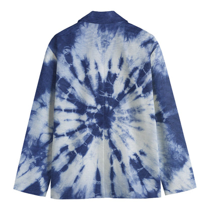 Blue And White Tie Dye Print Men's Cotton Blazer