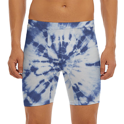 Blue And White Tie Dye Print Men's Long Boxer Briefs