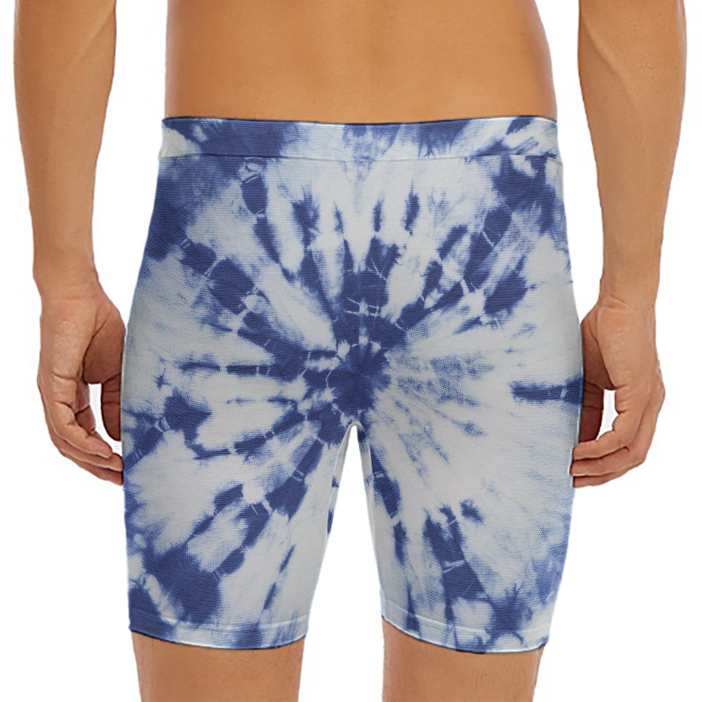 Blue And White Tie Dye Print Men's Long Boxer Briefs