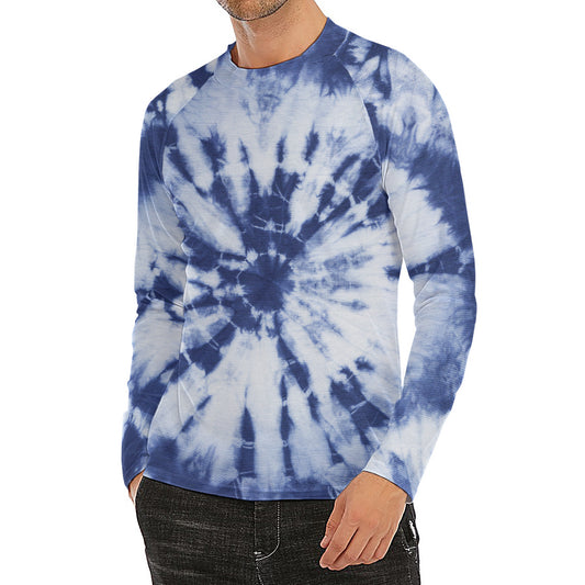 Blue And White Tie Dye Print Men's Long Sleeve Rash Guard