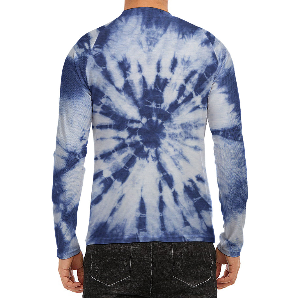 Blue And White Tie Dye Print Men's Long Sleeve Rash Guard