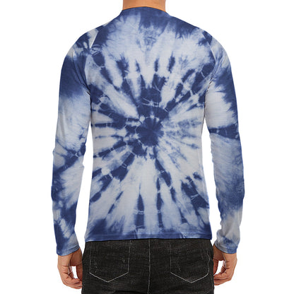 Blue And White Tie Dye Print Men's Long Sleeve Rash Guard