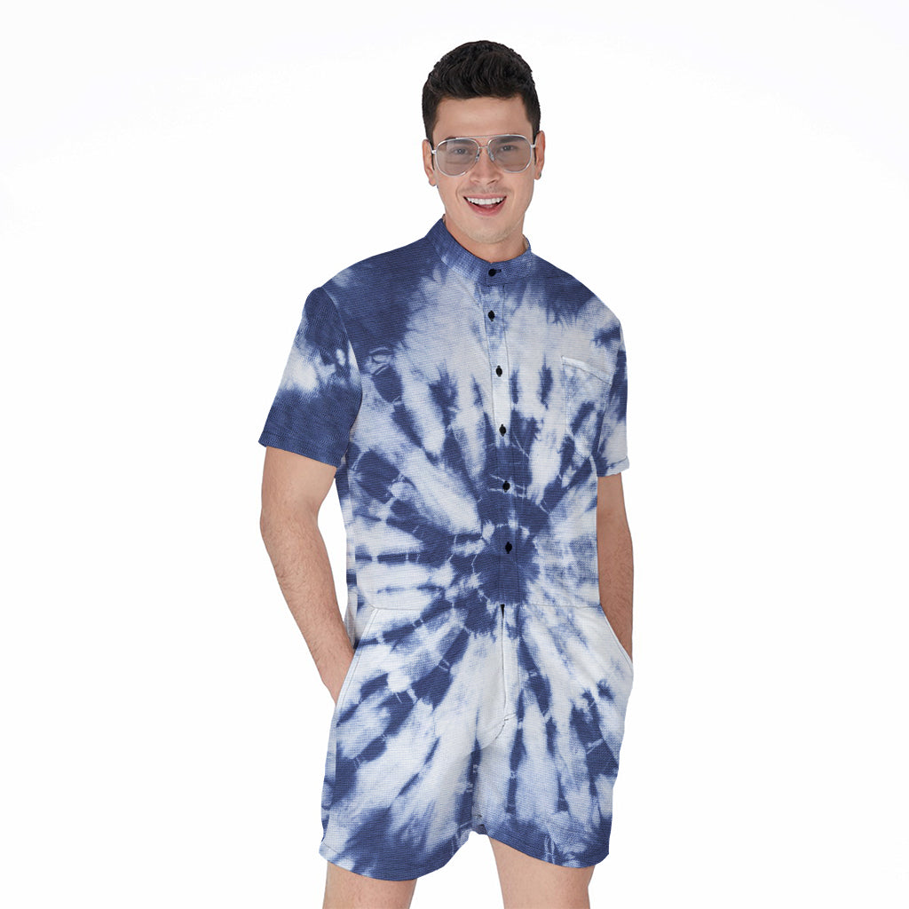 Blue And White Tie Dye Print Men's Rompers