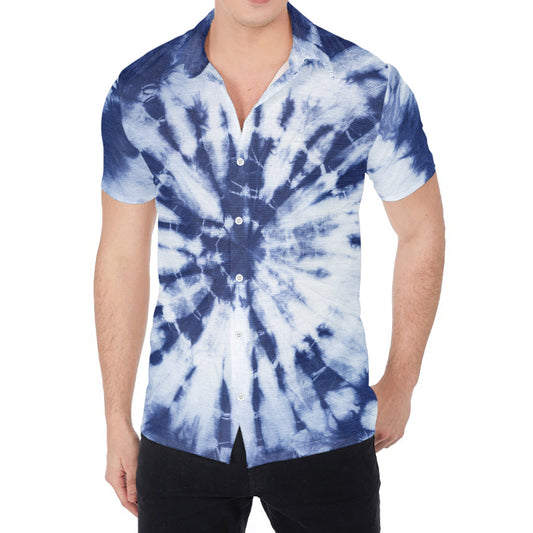 Blue And White Tie Dye Print Men's Shirt