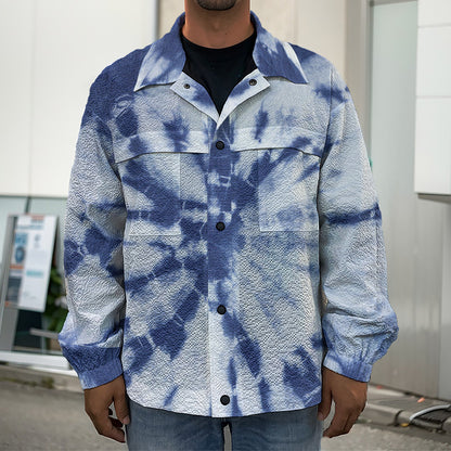 Blue And White Tie Dye Print Men's Shirt Jacket