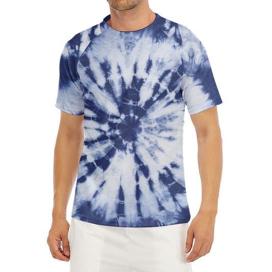 Blue And White Tie Dye Print Men's Short Sleeve Rash Guard