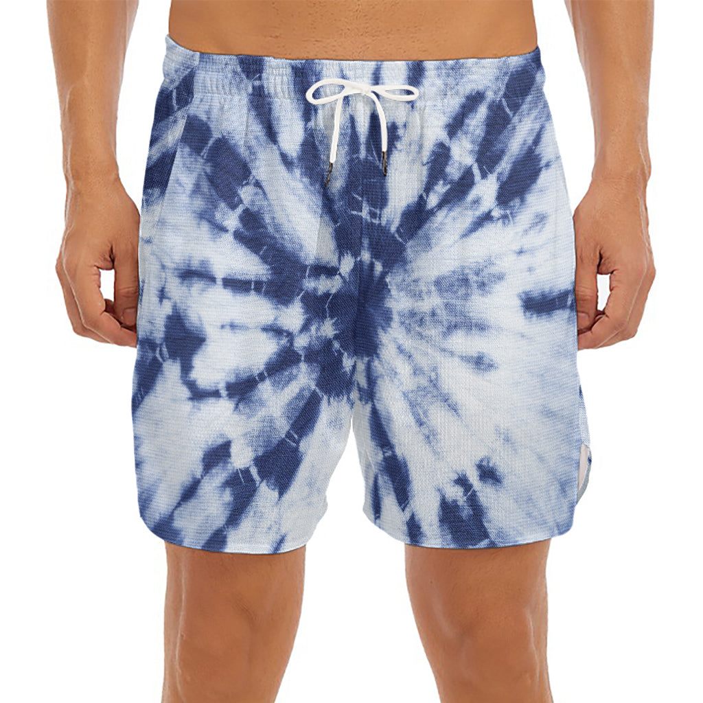 Blue And White Tie Dye Print Men's Split Running Shorts
