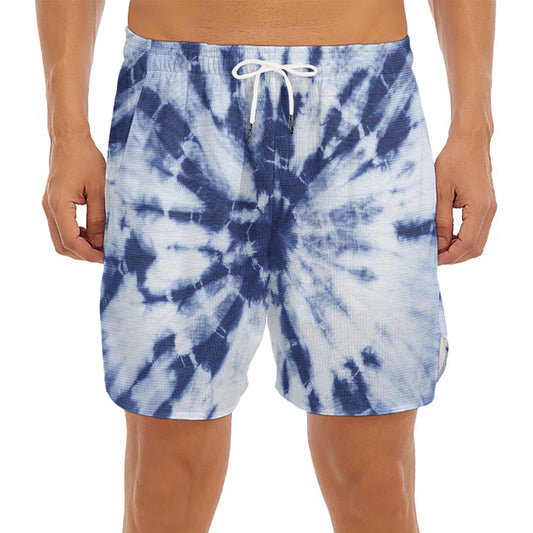 Blue And White Tie Dye Print Men's Split Running Shorts
