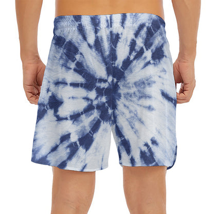 Blue And White Tie Dye Print Men's Split Running Shorts
