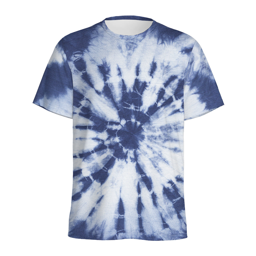 Blue And White Tie Dye Print Men's Sports T-Shirt