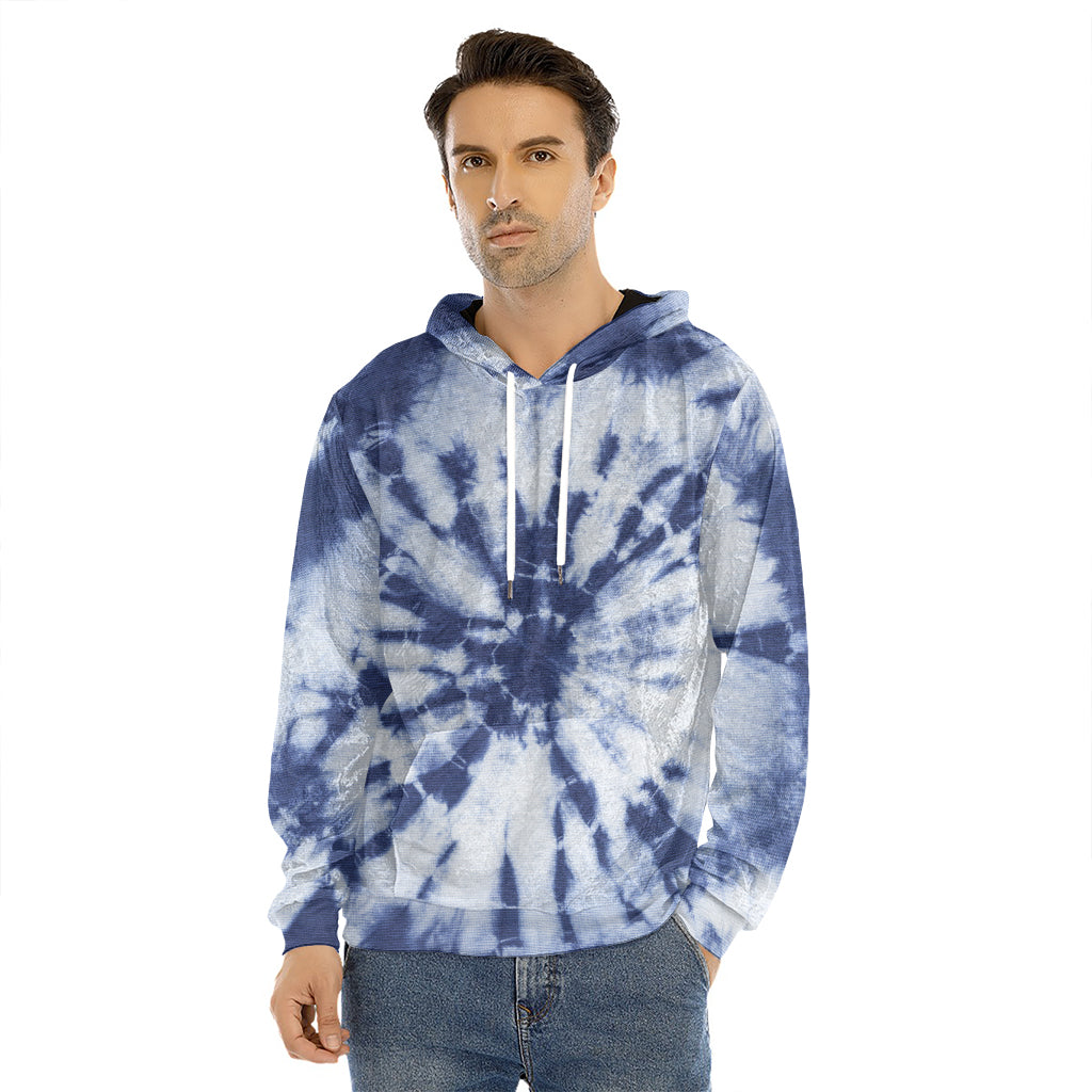 Blue And White Tie Dye Print Men's Velvet Pullover Hoodie