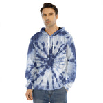 Blue And White Tie Dye Print Men's Velvet Pullover Hoodie