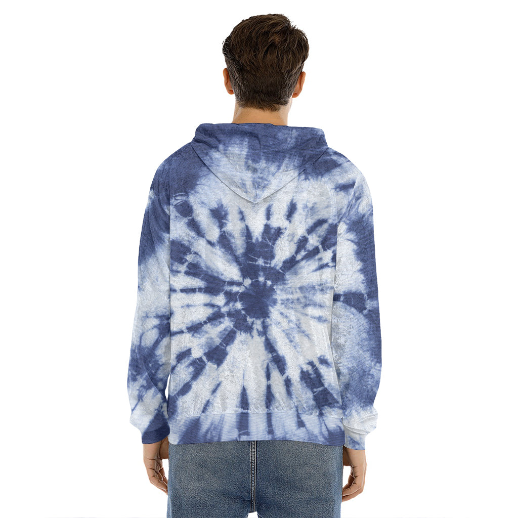 Blue And White Tie Dye Print Men's Velvet Pullover Hoodie
