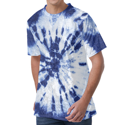 Blue And White Tie Dye Print Men's Velvet T-Shirt