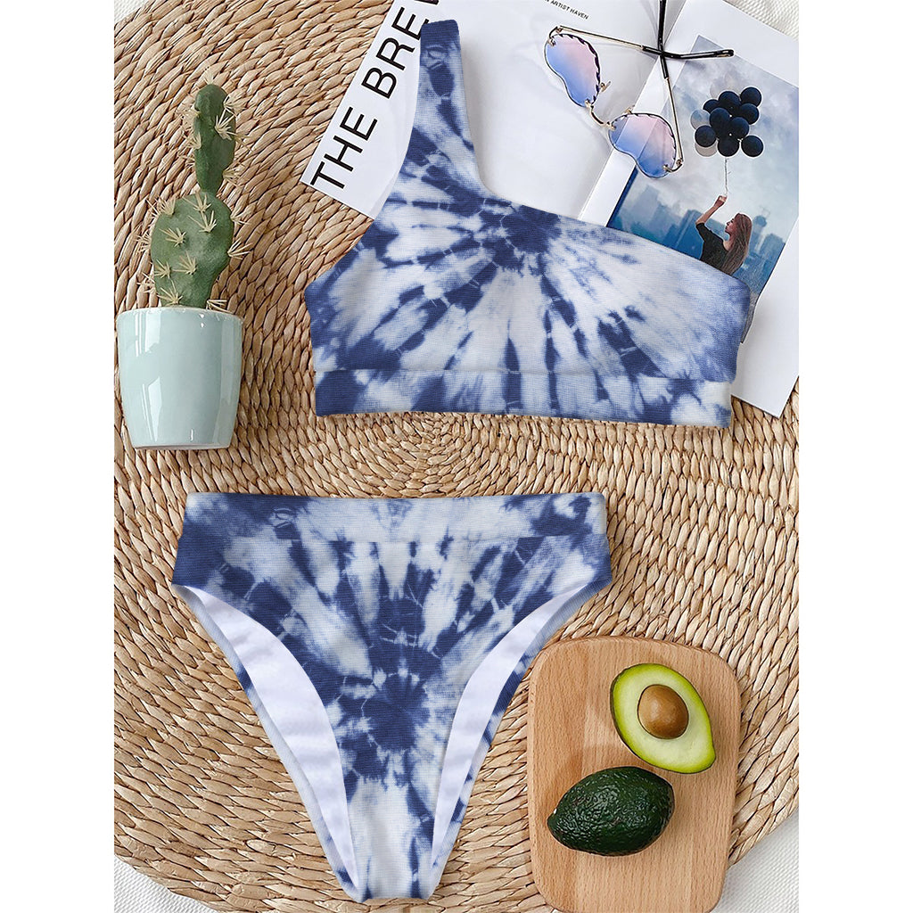 Blue And White Tie Dye Print One Shoulder Bikini Top