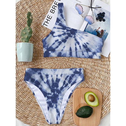 Blue And White Tie Dye Print One Shoulder Bikini Top
