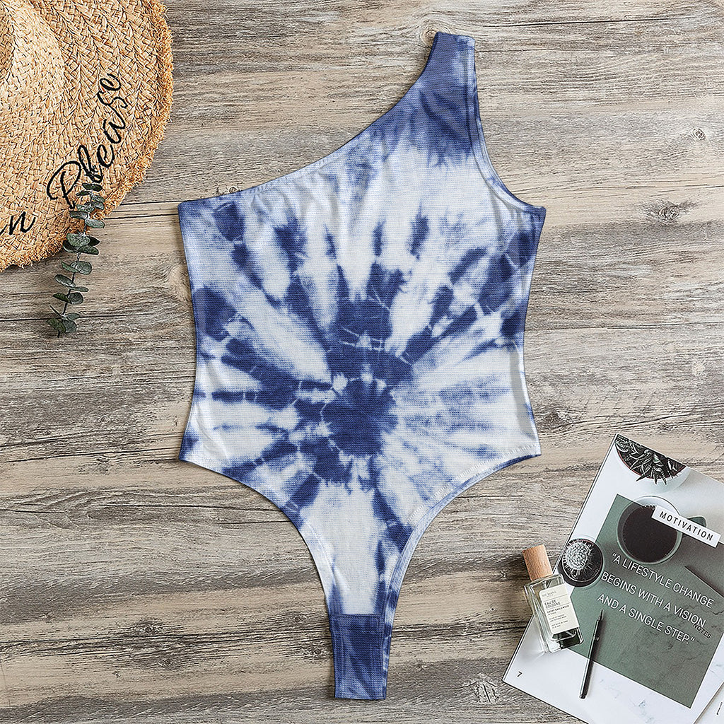 Blue And White Tie Dye Print One Shoulder Bodysuit