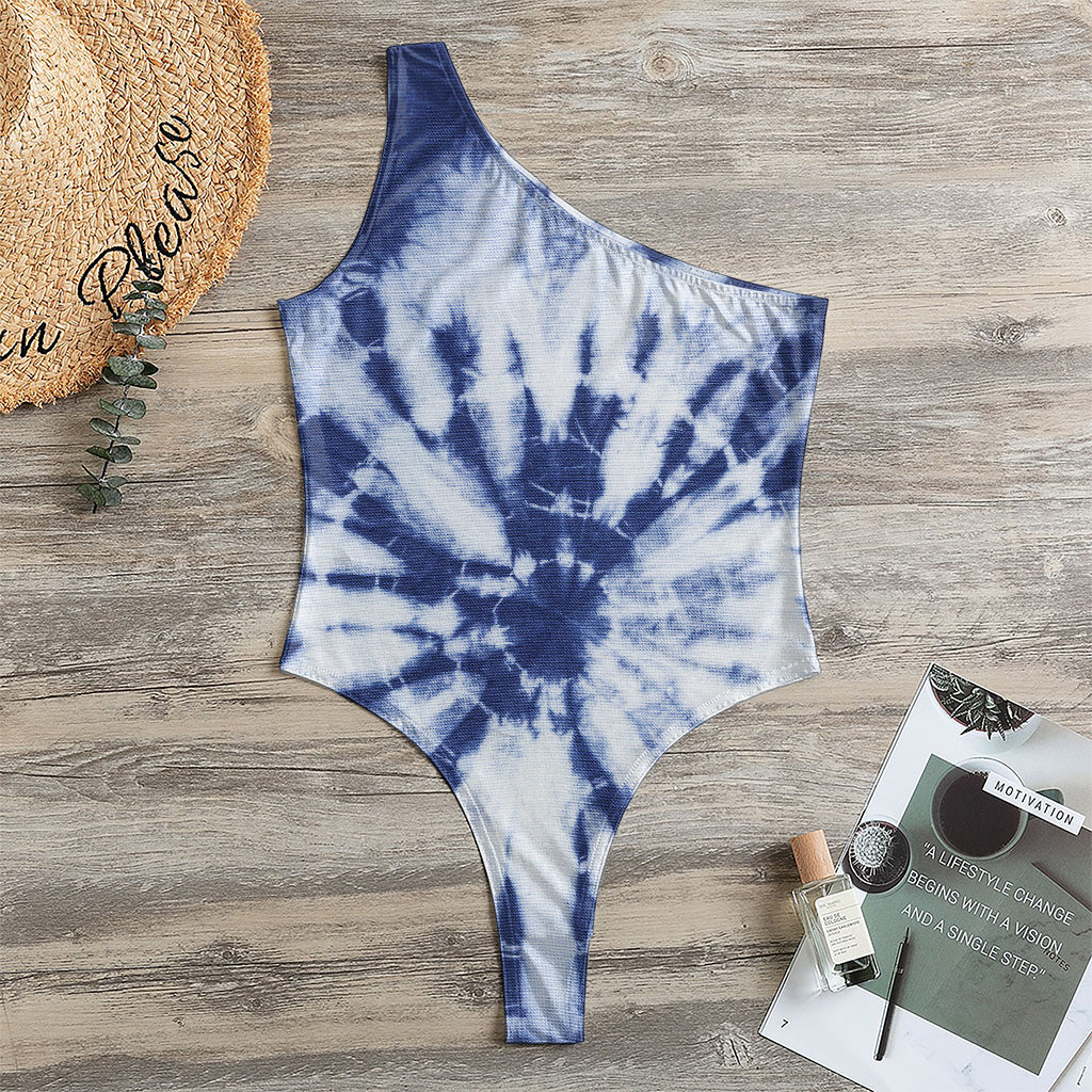 Blue And White Tie Dye Print One Shoulder Bodysuit
